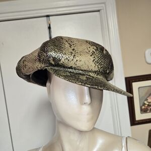 Vintage Snakeskin Print Newsboy Hat Olive Green Brown Tan Baker Boy Cap